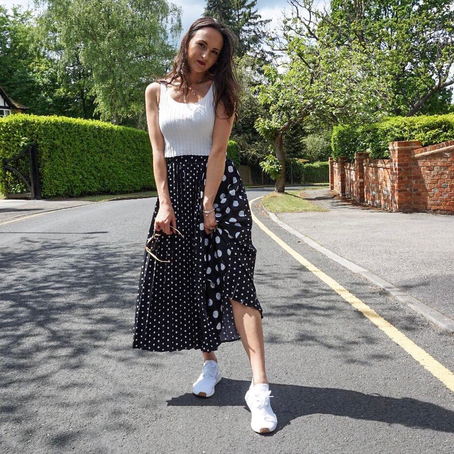 Black polka dot 2024 pleated midi skirt